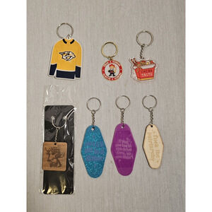 Lot of 7 Keychains Assorted Key Rings Advertising , Novelty, Funny Sayings